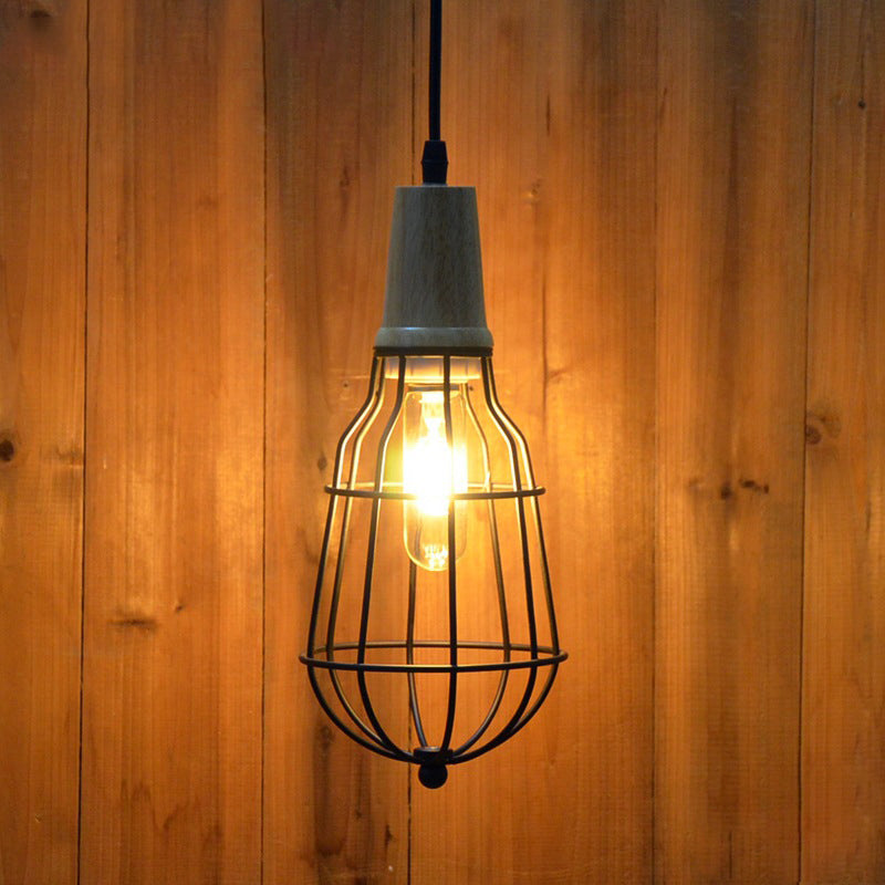 Mini Caged Suspension Light Rustic Lodge Metal 1 Bulb Pendant Lighting in Black for Coffee Shop Black Clearhalo 'Art Deco Pendants' 'Black' 'Cast Iron' 'Ceiling Lights' 'Ceramic' 'Crystal' 'Industrial Pendants' 'Industrial' 'Metal' 'Middle Century Pendants' 'Pendant Lights' 'Pendants' 'Rustic Pendants' 'Tiffany' Lighting' 105950