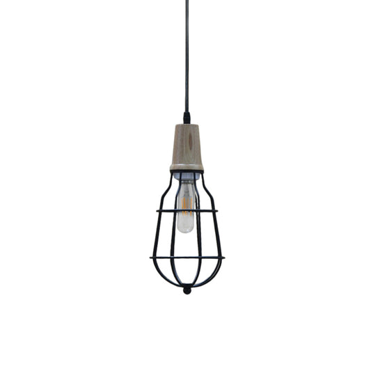 Mini Caged Suspension Light Rustic Lodge Metal 1 Bulb Pendant Lighting in Black for Coffee Shop Clearhalo 'Art Deco Pendants' 'Black' 'Cast Iron' 'Ceiling Lights' 'Ceramic' 'Crystal' 'Industrial Pendants' 'Industrial' 'Metal' 'Middle Century Pendants' 'Pendant Lights' 'Pendants' 'Rustic Pendants' 'Tiffany' Lighting' 105952