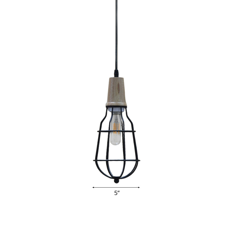 Mini Caged Suspension Light Rustic Lodge Metal 1 Bulb Pendant Lighting in Black for Coffee Shop Clearhalo 'Art Deco Pendants' 'Black' 'Cast Iron' 'Ceiling Lights' 'Ceramic' 'Crystal' 'Industrial Pendants' 'Industrial' 'Metal' 'Middle Century Pendants' 'Pendant Lights' 'Pendants' 'Rustic Pendants' 'Tiffany' Lighting' 105953