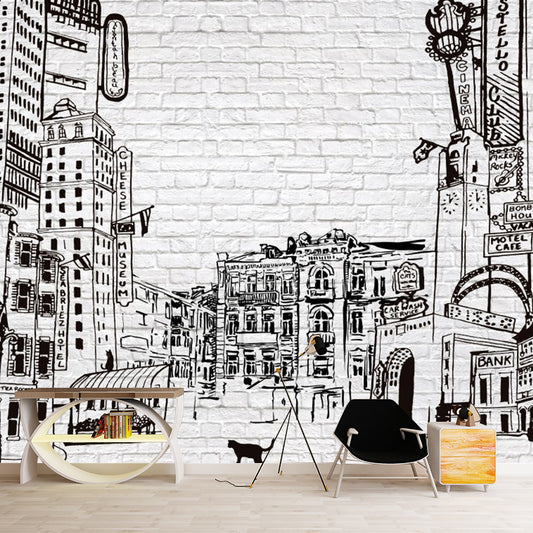 Simple Sketch of City Mural Wallpaper for Living Room Decor, Grey and Black, Custom Size Available