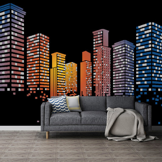 Luminous Night City Mural Wallpaper for Office Room, Orange and Black, Personalized Size Available