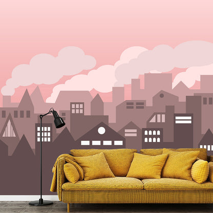 Soft Pink Industrial City Mural Wallpaper Water-Resistant Wall Art for Girl's Bedroom Decoration Pink Clearhalo 'Wall Decor' 'Wall Mural' 1061361