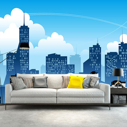 Whole City and Sky Mural Wallpaper Buildings Wall Covering in Soft Blue, Stain-Resistant Blue Clearhalo 'Wall Decor' 'Wall Mural' 1061376