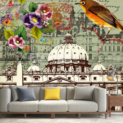 Illustration Dome Building Wall Mural Full Size Wall Art for Accent Wall in Brown, Made to Measure Brown Clearhalo 'Wall Decor' 'Wall Mural' 1061670
