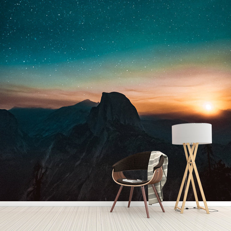 Full Night Sky Mural Wallpaper in Blue and Orange Non-Woven Fabric Wall Covering for Accent Wall, Custom-Made Clearhalo 'Wall Decor' 'Wall Mural' 1061782
