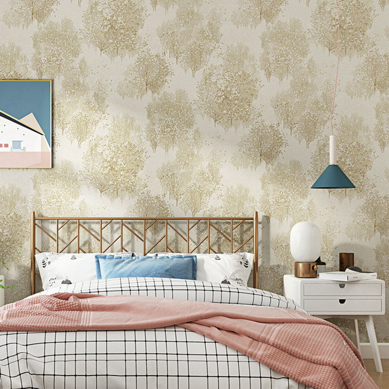 Trees and Leaves Wallpaper Roll 57.1 sq ft. Non-Woven Material Wall Covering for Bedroom Light Khaki Clearhalo 'Modern wall decor' 'Modern' 'Wallpaper' Wall Decor' 1061942
