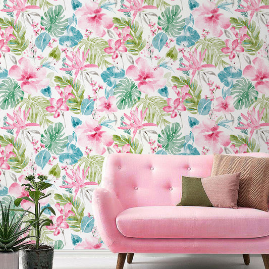 Blossoming Flower and Leaves Wallpaper in Natural Color Non-Woven Fabric Wall Decor for Guest Room, 33' x 20.5" Pink Clearhalo 'Modern wall decor' 'Modern' 'Wallpaper' Wall Decor' 1062036