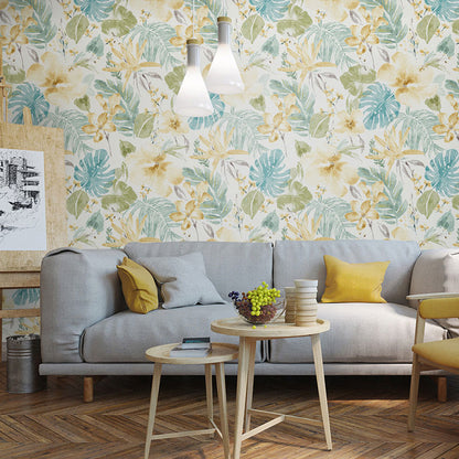 Blossoming Flower and Leaves Wallpaper in Natural Color Non-Woven Fabric Wall Decor for Guest Room, 33' x 20.5" Beige Clearhalo 'Modern wall decor' 'Modern' 'Wallpaper' Wall Decor' 1062040