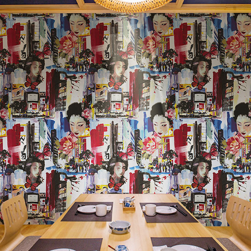 Natural Color Street Graffiti Wallpaper Moisture-Resistant Asia Inspired Wall Decor for Japanese Restaurant Blue-Red Clearhalo 'Wall Decor' 'Wallpaper' 1062062