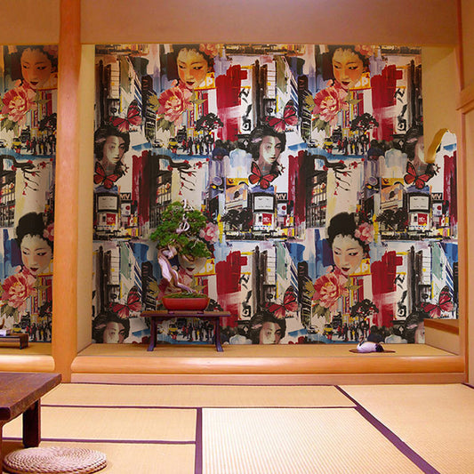 Natural Color Street Graffiti Wallpaper Moisture-Resistant Asia Inspired Wall Decor for Japanese Restaurant Clearhalo 'Wall Decor' 'Wallpaper' 1062063