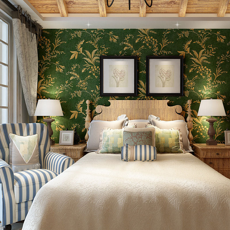 Garden Leaves Wallpaper Roll for Bedroom Decor Plants Wall Covering in Dark Green, 33 ft. x 20.5 in Clearhalo 'Country wall decor' 'Rustic' 'Wallpaper' Wall Decor' 1062274