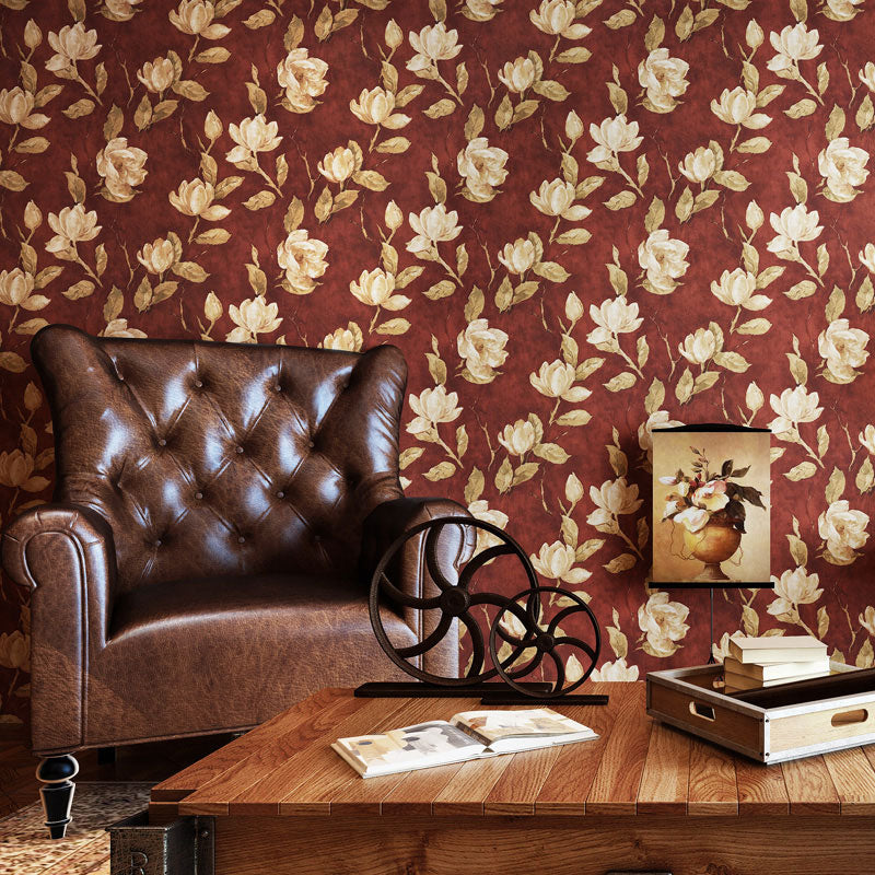 Dark Red Blossoming Roses Wallpaper Moisture-Resistant Wall Decor for Bedroom, Non-Pasted Clearhalo 'Country wall decor' 'Rustic' 'Wallpaper' Wall Decor' 1062302