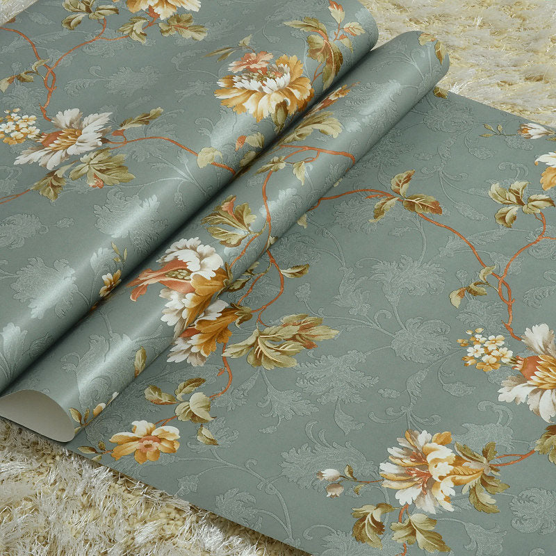 Rural Blossoms Wallpaper Roll for Home Decoration, 57.1 sq ft. Wall Covering in Green and Blue Clearhalo 'Country wall decor' 'Rustic' 'Wallpaper' Wall Decor' 1062315