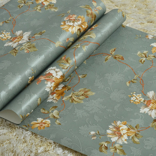 Rural Blossoms Wallpaper Roll for Home Decoration, 57.1 sq ft. Wall Covering in Green and Blue Clearhalo 'Country wall decor' 'Rustic' 'Wallpaper' Wall Decor' 1062315
