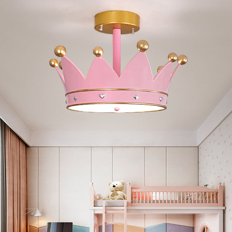 Pink Finish Crown Shaped Semi Flush Light Cartoon LED Metallic Flush Mounted Lamp Fixture - Pink - Clearhalo - 'Ceiling Lights' - 'Close To Ceiling Lights' - 'Close to ceiling' - 'Semi-flushmount' - Lighting' - 1062353