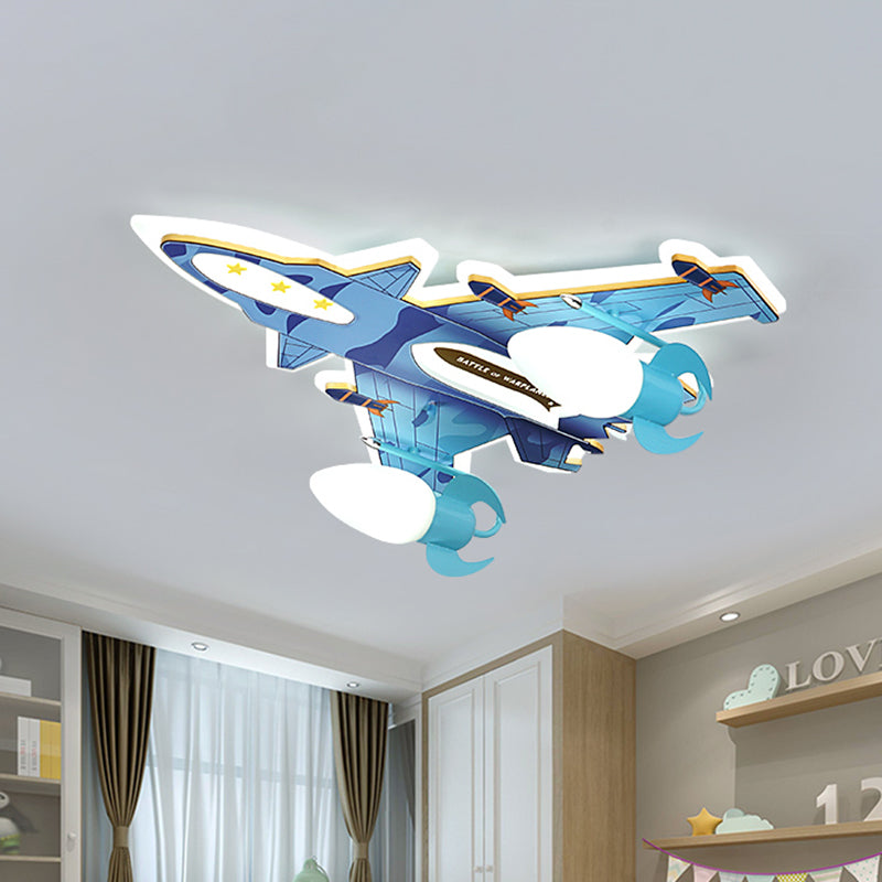 Aircraft-Shape Flush Mount Fixture Cartoon Acrylic LED Blue Flushmount Lighting with Bullet Frosted Glass Shade Blue Clearhalo 'Ceiling Lights' 'Close To Ceiling Lights' 'Close to ceiling' 'Flush mount' Lighting' 1062357
