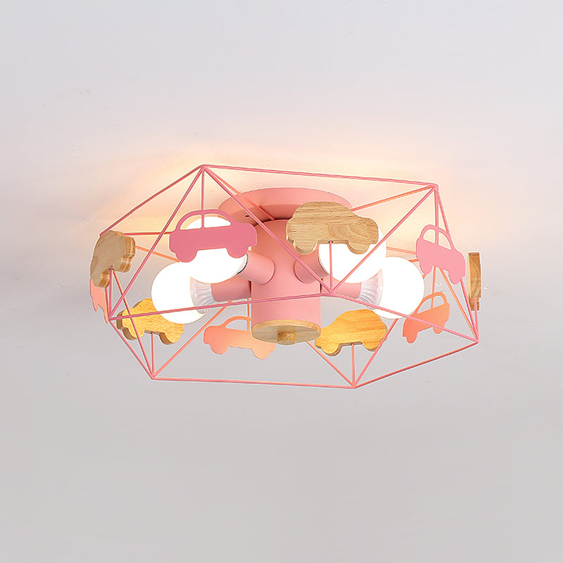 Pentagon Frame Semi Mount Lighting Macaron Metal 5 Bulbs Grey/Green/Pink Finish Close to Ceiling Lamp with Wooden Car Deco Clearhalo 'Ceiling Lights' 'Close To Ceiling Lights' 'Close to ceiling' 'Semi-flushmount' Lighting' 1062480