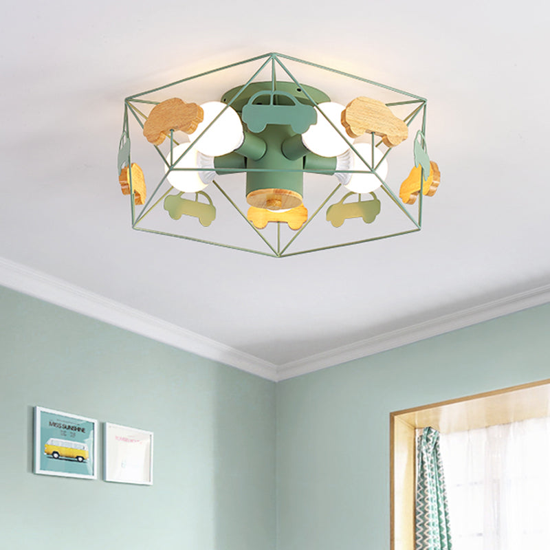Pentagon Frame Semi Mount Lighting Macaron Metal 5 Bulbs Grey/Green/Pink Finish Close to Ceiling Lamp with Wooden Car Deco Clearhalo 'Ceiling Lights' 'Close To Ceiling Lights' 'Close to ceiling' 'Semi-flushmount' Lighting' 1062483