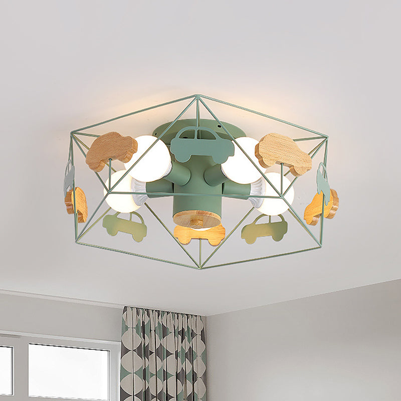 Pentagon Frame Semi Mount Lighting Macaron Metal 5 Bulbs Grey/Green/Pink Finish Close to Ceiling Lamp with Wooden Car Deco Clearhalo 'Ceiling Lights' 'Close To Ceiling Lights' 'Close to ceiling' 'Semi-flushmount' Lighting' 1062484