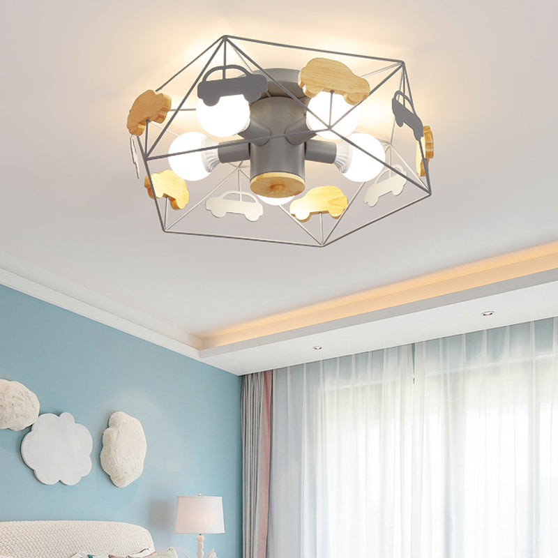 Pentagon Frame Semi Mount Lighting Macaron Metal 5 Bulbs Grey/Green/Pink Finish Close to Ceiling Lamp with Wooden Car Deco Clearhalo 'Ceiling Lights' 'Close To Ceiling Lights' 'Close to ceiling' 'Semi-flushmount' Lighting' 1062487