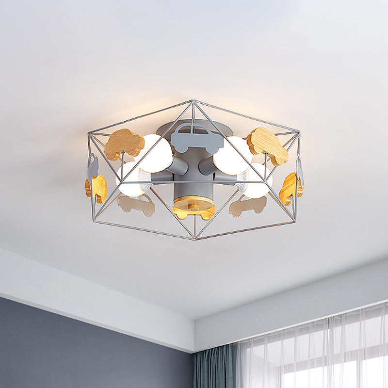 Pentagon Frame Semi Mount Lighting Macaron Metal 5 Bulbs Grey/Green/Pink Finish Close to Ceiling Lamp with Wooden Car Deco Clearhalo 'Ceiling Lights' 'Close To Ceiling Lights' 'Close to ceiling' 'Semi-flushmount' Lighting' 1062488