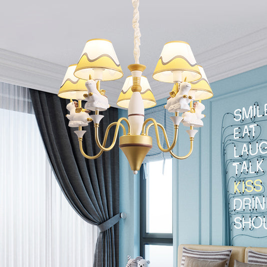 Conic Fabric Shade Ceiling Chandelier Cartoon 5 Lights Pink/Blue/Gold Finish Pendulum Lamp with Unicorn Decor Clearhalo 'Ceiling Lights' 'Chandeliers' Lighting' options 1062519