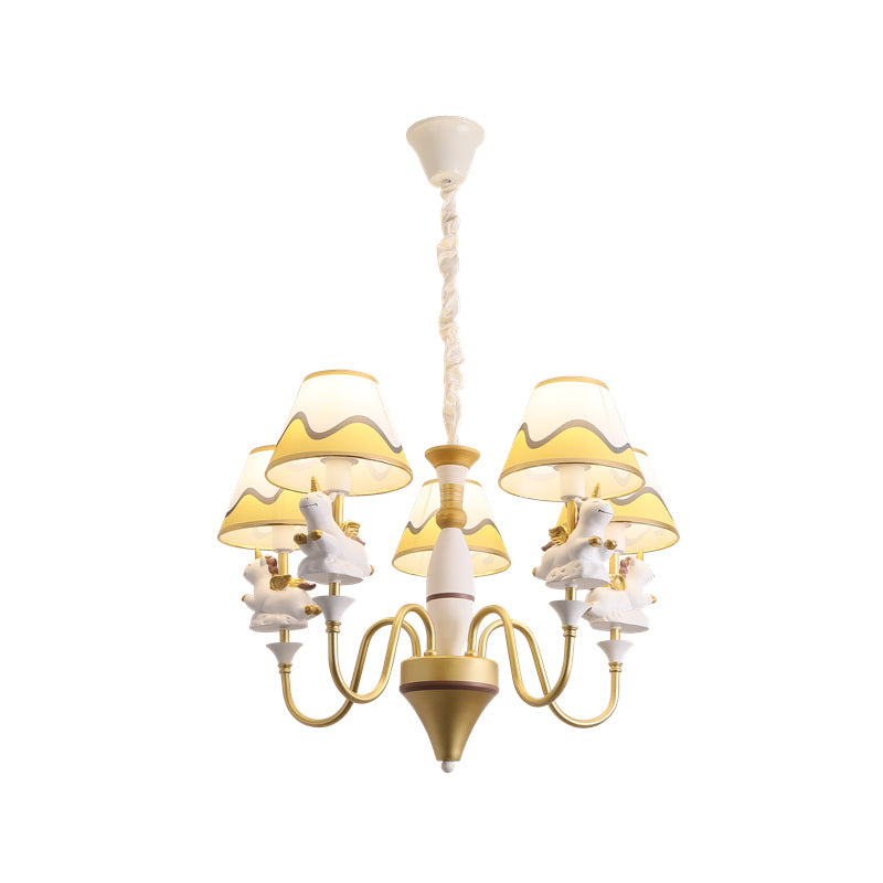 Conic Fabric Shade Ceiling Chandelier Cartoon 5 Lights Pink/Blue/Gold Finish Pendulum Lamp with Unicorn Decor Clearhalo 'Ceiling Lights' 'Chandeliers' Lighting' options 1062521