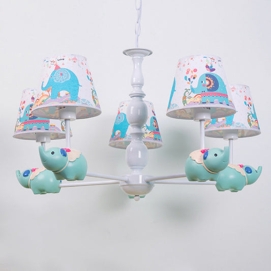 Resin Elephant Hanging Chandelier Cartoon 5/6 Heads Light Blue Ceiling Pendant Light with Barrel Patterned Fabric Shade Clearhalo 'Ceiling Lights' 'Chandeliers' Lighting' options 1062528