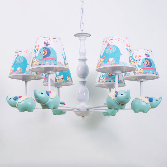 Resin Elephant Hanging Chandelier Cartoon 5/6 Heads Light Blue Ceiling Pendant Light with Barrel Patterned Fabric Shade Clearhalo 'Ceiling Lights' 'Chandeliers' Lighting' options 1062533