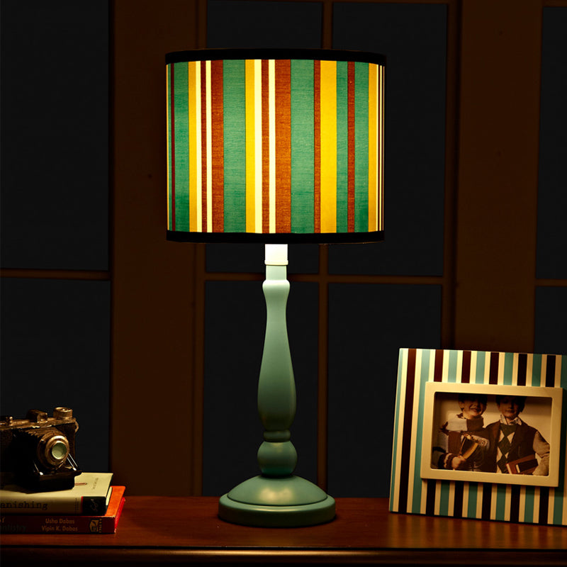 1 Bulb Bedroom Night Table Lamp Modern Blue Nightstand Light with Drum Fabric Shade Clearhalo 'Lamps' 'Table Lamps' Lighting' 1062544