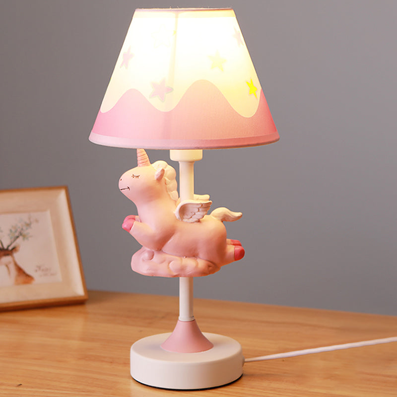 Cartoon 1 Light Table Lighting with Fabric Shade Conical Pink/Blue/Gold Unicorn Nightstand Lamp for Study Room Pink Clearhalo 'Lamps' 'Table Lamps' Lighting' 1062551