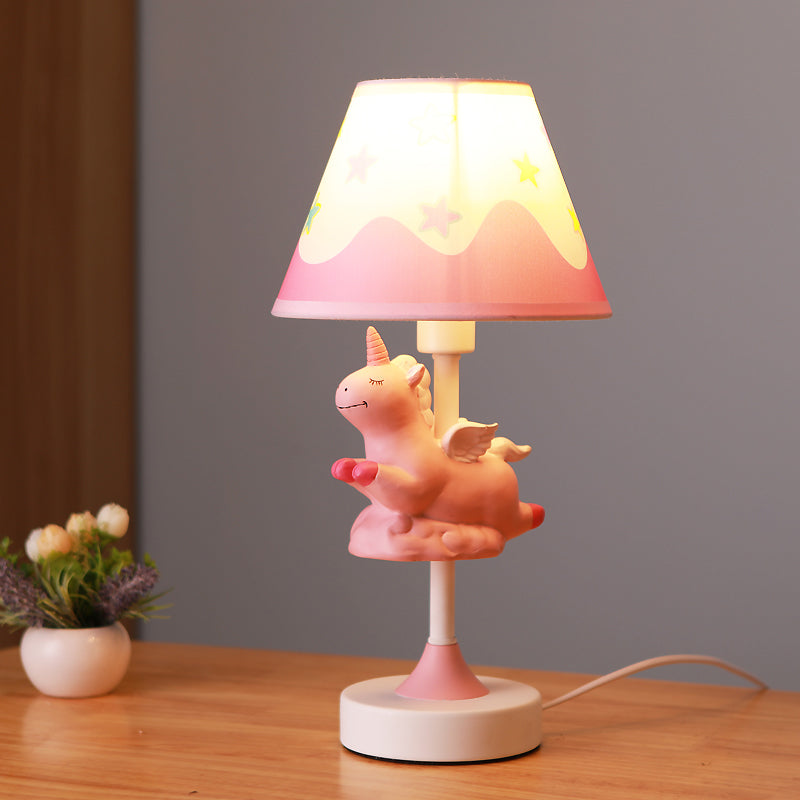 Cartoon 1 Light Table Lighting with Fabric Shade Conical Pink/Blue/Gold Unicorn Nightstand Lamp for Study Room Clearhalo 'Lamps' 'Table Lamps' Lighting' 1062552
