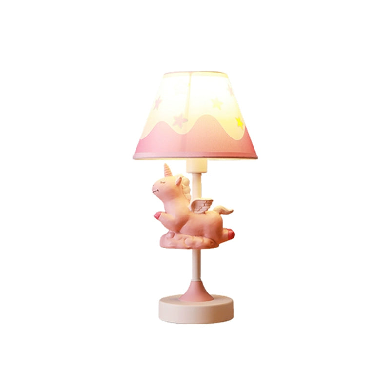 Cartoon 1 Light Table Lighting with Fabric Shade Conical Pink/Blue/Gold Unicorn Nightstand Lamp for Study Room Clearhalo 'Lamps' 'Table Lamps' Lighting' 1062553