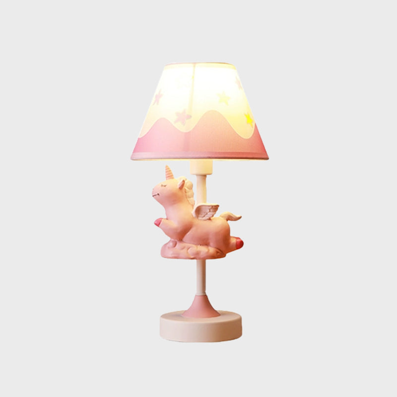 Cartoon 1 Light Table Lighting with Fabric Shade Conical Pink/Blue/Gold Unicorn Nightstand Lamp for Study Room Clearhalo 'Lamps' 'Table Lamps' Lighting' 1062554