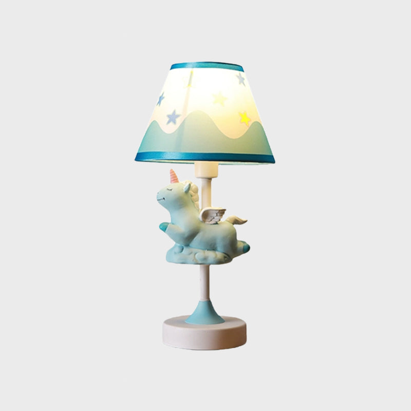 Cartoon 1 Light Table Lighting with Fabric Shade Conical Pink/Blue/Gold Unicorn Nightstand Lamp for Study Room Clearhalo 'Lamps' 'Table Lamps' Lighting' 1062558