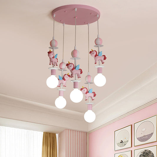 Unicorn Shape Multi Ceiling Light Cartoon Resin 5 Bulbs Pink/Blue Finish Hanging Lamp Kit with Round Canopy Clearhalo 'Ceiling Lights' 'Pendant Lights' 'Pendants' Lighting' 1062563