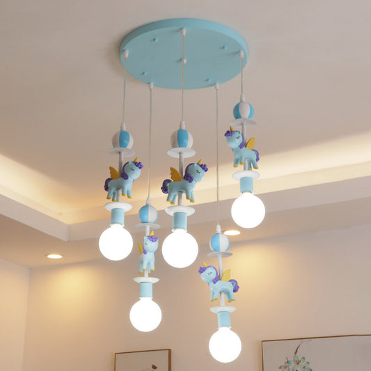 Unicorn Shape Multi Ceiling Light Cartoon Resin 5 Bulbs Pink/Blue Finish Hanging Lamp Kit with Round Canopy Clearhalo 'Ceiling Lights' 'Pendant Lights' 'Pendants' Lighting' 1062567