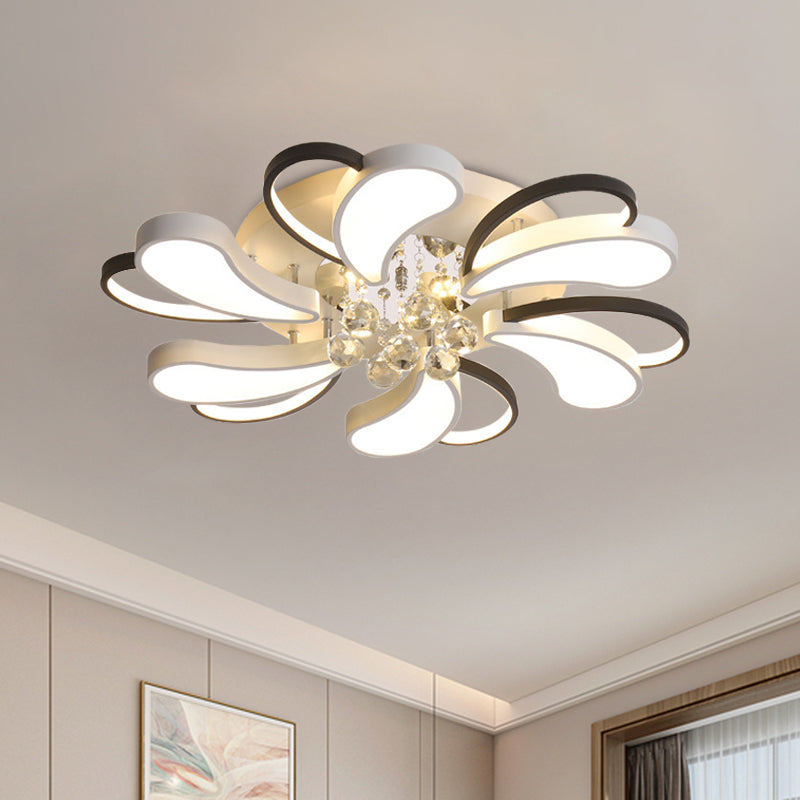 Black-White Spiral Heart Semi Flush Lamp Contemporary LED Metal Flush Mount with Crystal Droplet - Black-White - Clearhalo - 'Ceiling Lights' - 'Close To Ceiling Lights' - 'Close to ceiling' - 'Flush mount' - Lighting' - 1062685