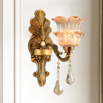 Brass 1/2-Head Sconce Lighting Mid Century Clear Crystal Glass Flower Shade Wall Lamp 1.0 Brass Clearhalo 'Wall Lamps & Sconces' 'Wall Lights' Lighting' 1062797