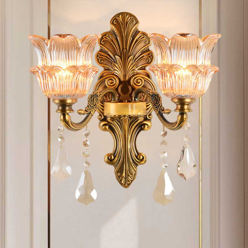 Brass 1/2-Head Sconce Lighting Mid Century Clear Crystal Glass Flower Shade Wall Lamp 2.0 Brass Clearhalo 'Wall Lamps & Sconces' 'Wall Lights' Lighting' 1062801