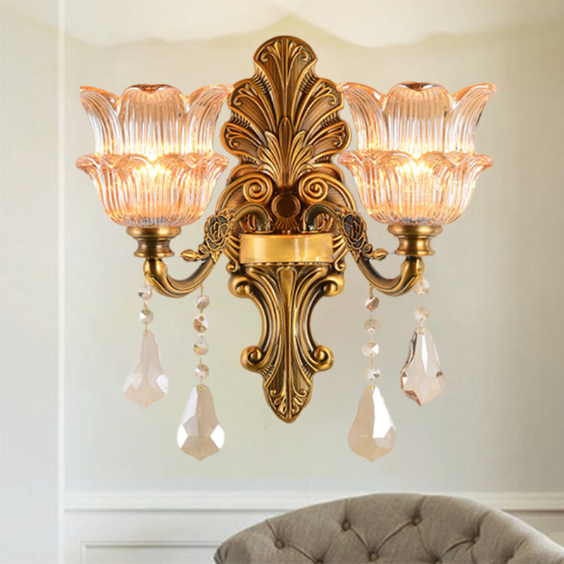 Brass 1/2-Head Sconce Lighting Mid Century Clear Crystal Glass Flower Shade Wall Lamp Clearhalo 'Wall Lamps & Sconces' 'Wall Lights' Lighting' 1062802