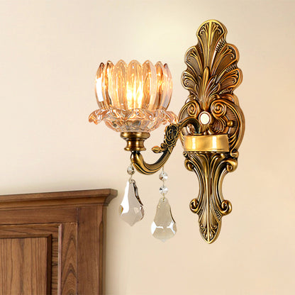 Mid Century Flower Shade Wall Sconce Light 1/2-Light Clear Glass Wall Mount Lamp in Brass 1.0 Brass Clearhalo 'Wall Lamps & Sconces' 'Wall Lights' Lighting' 1062806
