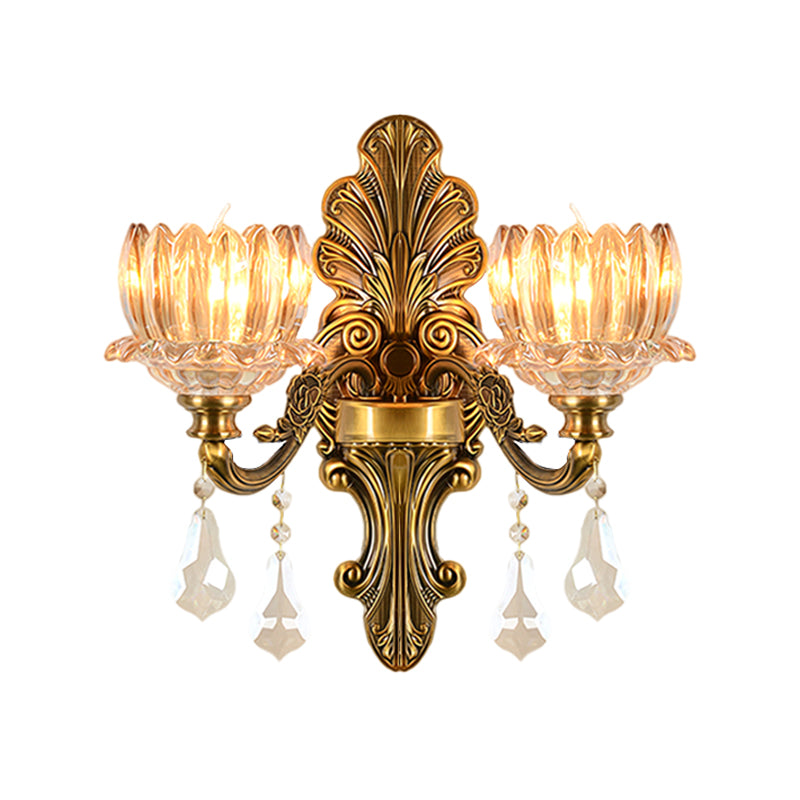 Mid Century Flower Shade Wall Sconce Light 1/2-Light Clear Glass Wall Mount Lamp in Brass Clearhalo 'Wall Lamps & Sconces' 'Wall Lights' Lighting' 1062813