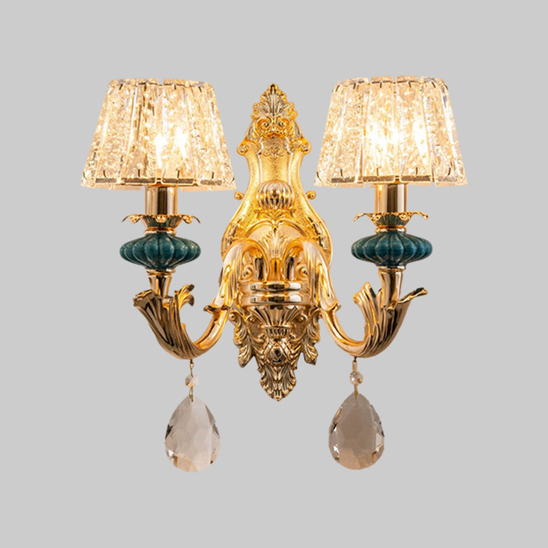 Gold Small Drum Wall Mount Lighting Traditional Seedy Crystal 1/2-Bulb Bedroom Wall Lamp Fixture Clearhalo 'Cast Iron' 'Glass' 'Industrial' 'Modern wall lights' 'Modern' 'Tiffany' 'Traditional wall lights' 'Wall Lamps & Sconces' 'Wall Lights' Lighting' 1062847