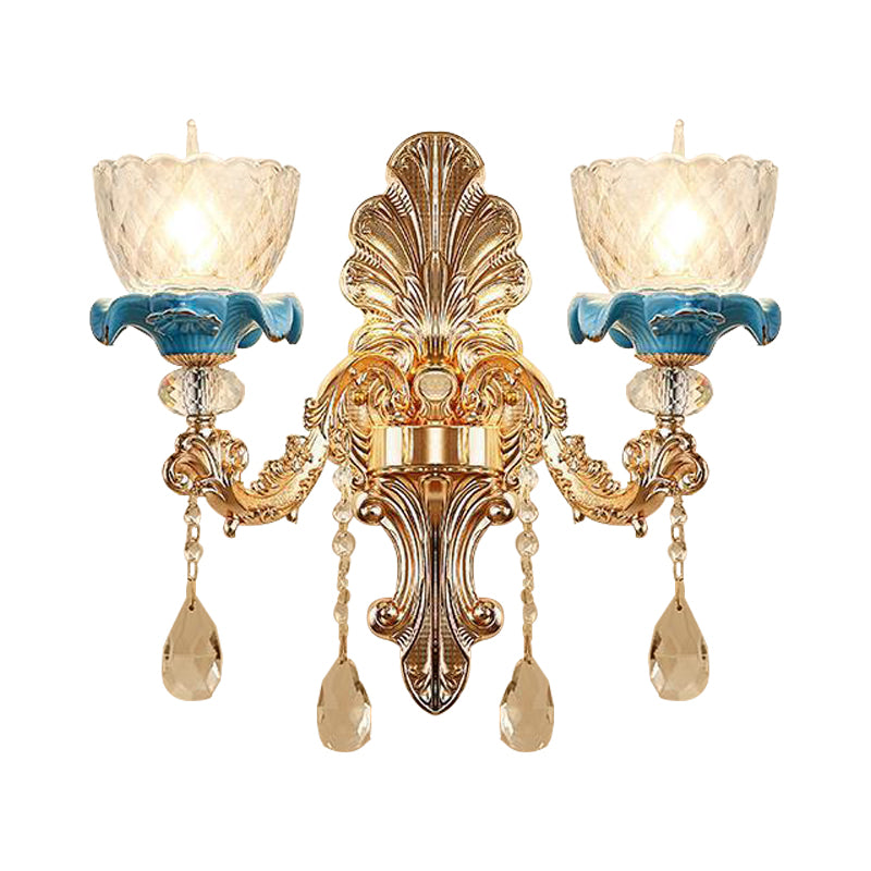Clear Latticed Glass Flower Sconce Lamp Mid Century 1/2-Head Living Room Wall Mounted Lamp in Gold Clearhalo 'Wall Lamps & Sconces' 'Wall Lights' Lighting' 1062856