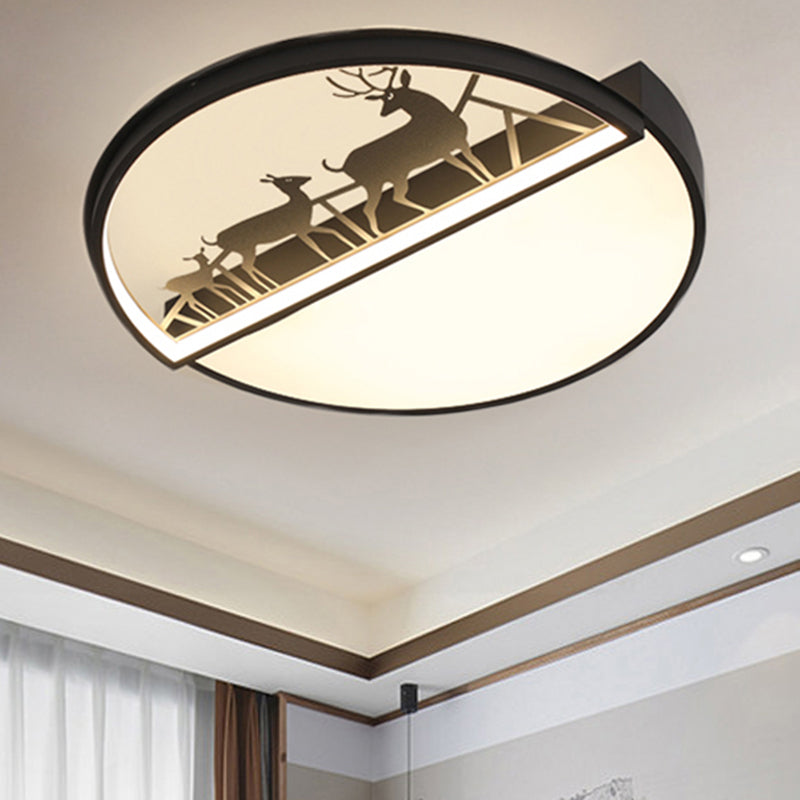 Circle Flush Mount Recessed Lighting Nordic Acrylic Bedroom LED Ceiling Lamp with Deer Silhouette in Grey/Black/White - Black - Clearhalo - 'Ceiling Lights' - 'Close To Ceiling Lights' - 'Close to ceiling' - 'Flush mount' - Lighting' - 1062903