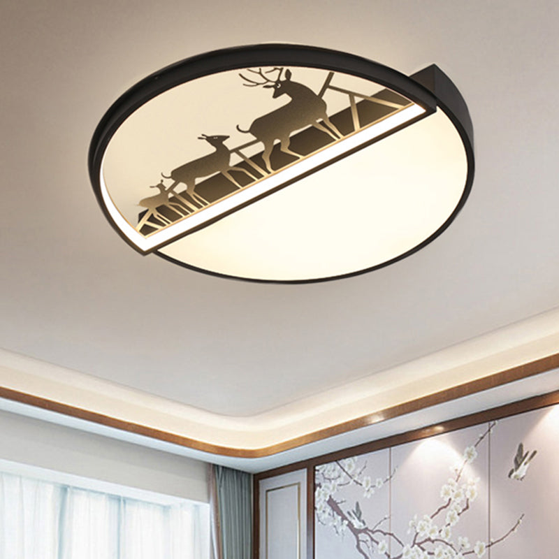 Circle Flush Mount Recessed Lighting Nordic Acrylic Bedroom LED Ceiling Lamp with Deer Silhouette in Grey/Black/White - Clearhalo - 'Ceiling Lights' - 'Close To Ceiling Lights' - 'Close to ceiling' - 'Flush mount' - Lighting' - 1062904