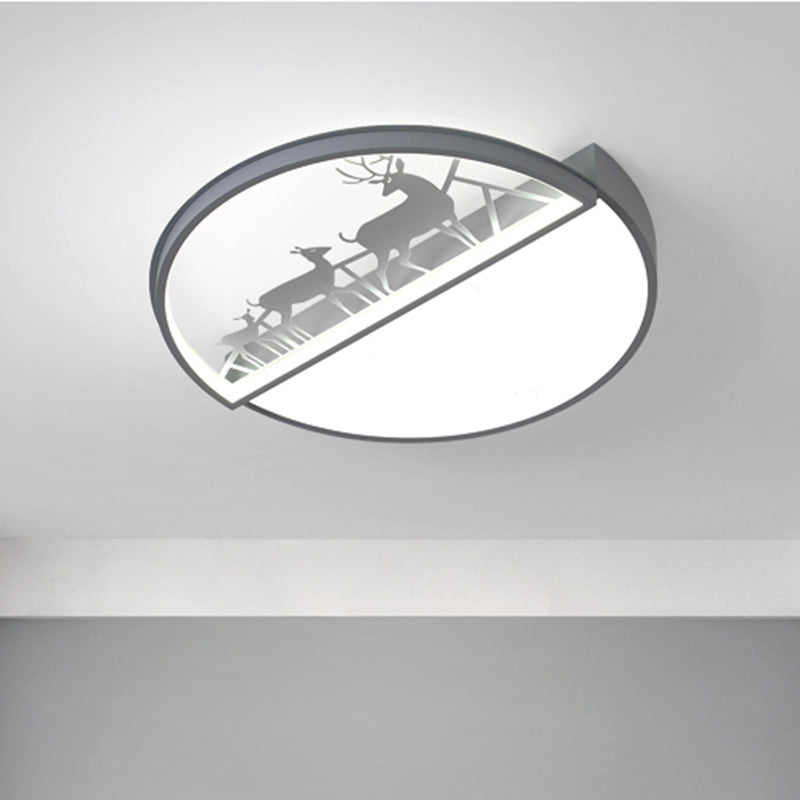 Circle Flush Mount Recessed Lighting Nordic Acrylic Bedroom LED Ceiling Lamp with Deer Silhouette in Grey/Black/White - Grey - Clearhalo - 'Ceiling Lights' - 'Close To Ceiling Lights' - 'Close to ceiling' - 'Flush mount' - Lighting' - 1062911