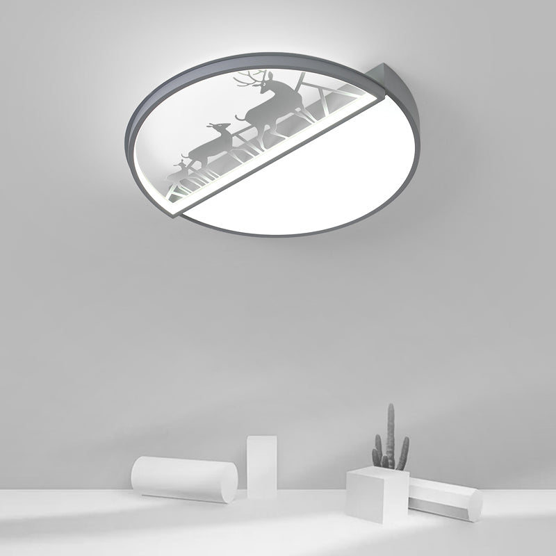 Circle Flush Mount Recessed Lighting Nordic Acrylic Bedroom LED Ceiling Lamp with Deer Silhouette in Grey/Black/White - Clearhalo - 'Ceiling Lights' - 'Close To Ceiling Lights' - 'Close to ceiling' - 'Flush mount' - Lighting' - 1062912