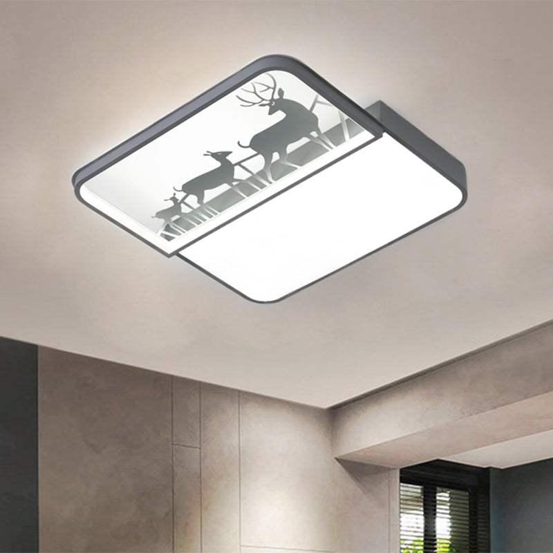Nordic Style LED Flush Ceiling Light Black/Grey Deer Flush Mount Fixture with Square Aluminum Shade